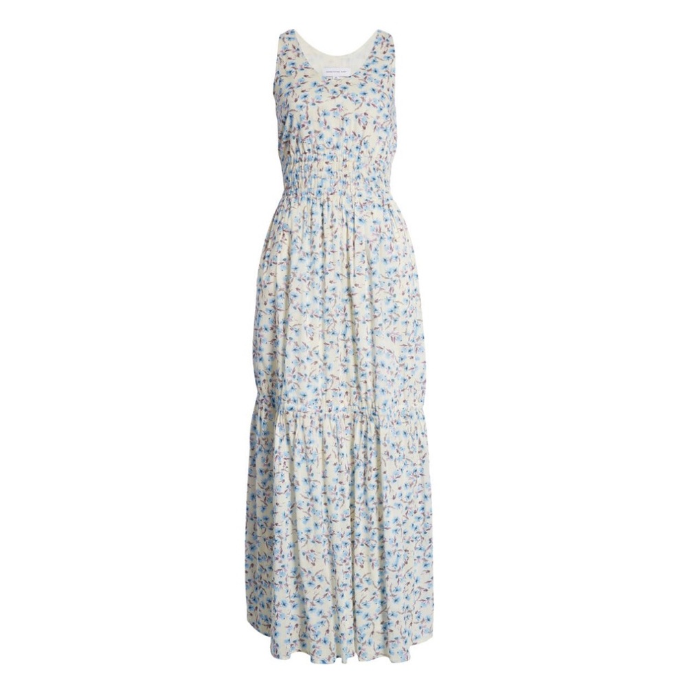 Something Navy Maxi Dress, Floral Smocked Cotton Cream Multi, Size XS New w/Tag - Picture 3 of 10